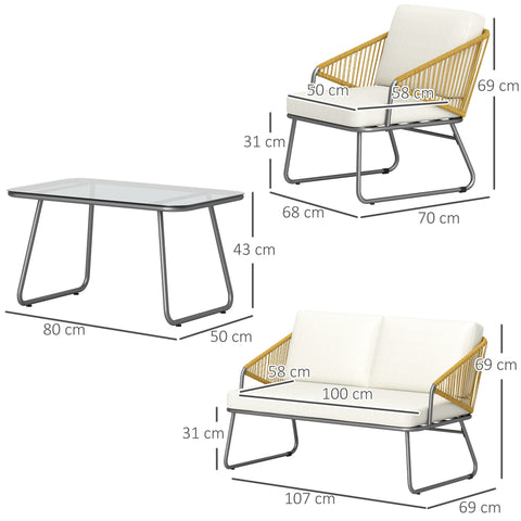 Outsunny 4 Piece Rattan Garden Furniture Set, Wicker Patio Outdoor Furniture Set with Loveseat, Armchairs, Glass Top Coffee Table and Cushions for Patio, Conservatory, Balcony, Natural Wood Finish