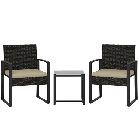 Outsunny Rattan Bistro Set, 3 Piece Garden Furniture Set with Glass Top Table and Cushions, Khaki