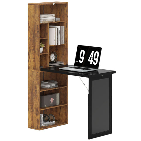 HOMCOM Folding Desk with Blackboard Multi-function Computer Office Workstation Side Shelf for Home Office, Rustic Brown
