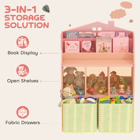 AIYAPLAY Kids Bookshelf with Storage, Toy Storage Unit with Book Display, Shelves and Fabric Drawers for Playroom Nursery, Pink