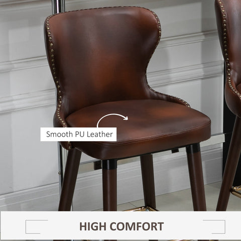 HOMCOM Bar Stools Set of 2, PU Leather Vintage Counter-Height Bar Chair, Luxury European Style Kitchen Stools with Back, Brown