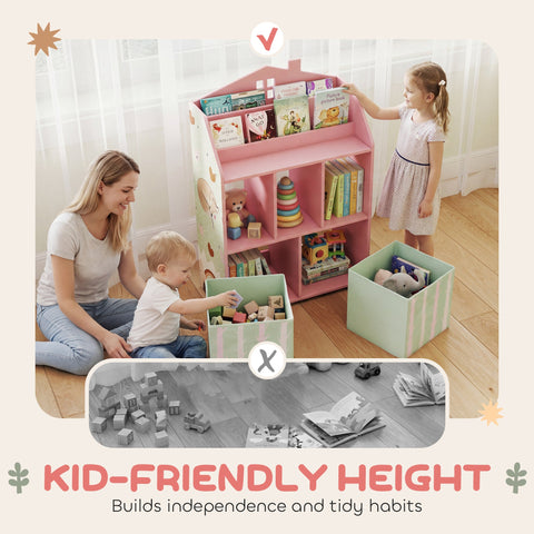 AIYAPLAY Kids Bookshelf with Storage, Toy Storage Unit with Book Display, Shelves and Fabric Drawers for Playroom Nursery, Pink