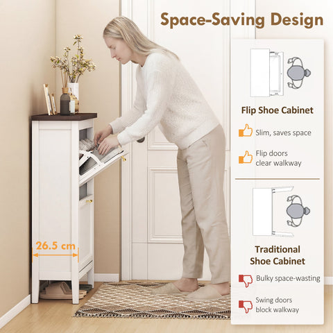 HOMCOM Shoe Cabinet with 2 Flip Drawers, Farmhouse Narrow Shoe Storage Cabinet with Adjustable Shelves, White