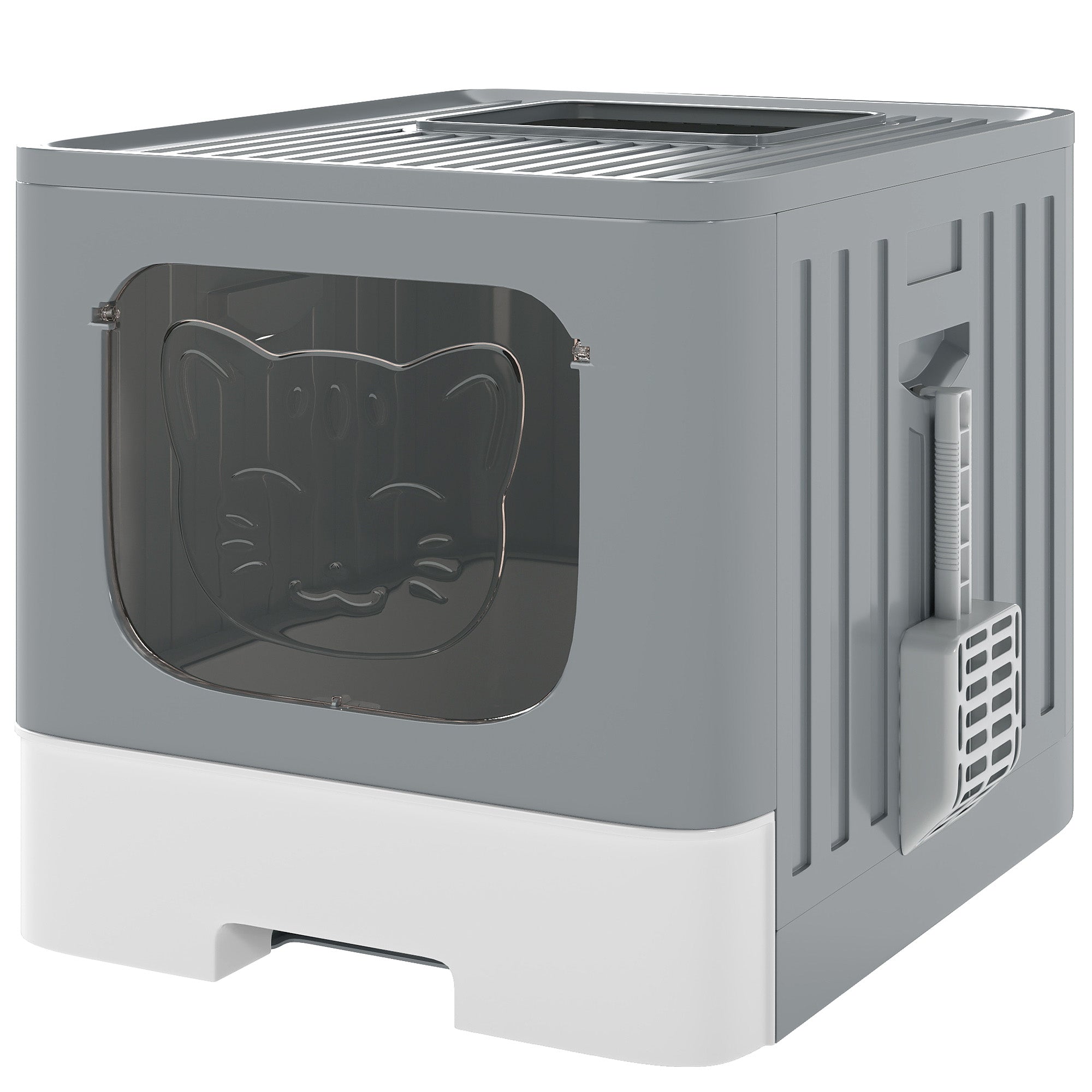 PawHut Cat Litter Box with Lid, Slide-Out Drawer, Scoop, Easy Clean, Odour Control, Anti-Splashing, Grey