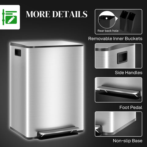HOMCOM 60L Dual Compartment Stainless Steel Bin, with Deodoriser Holders - Silver Tone