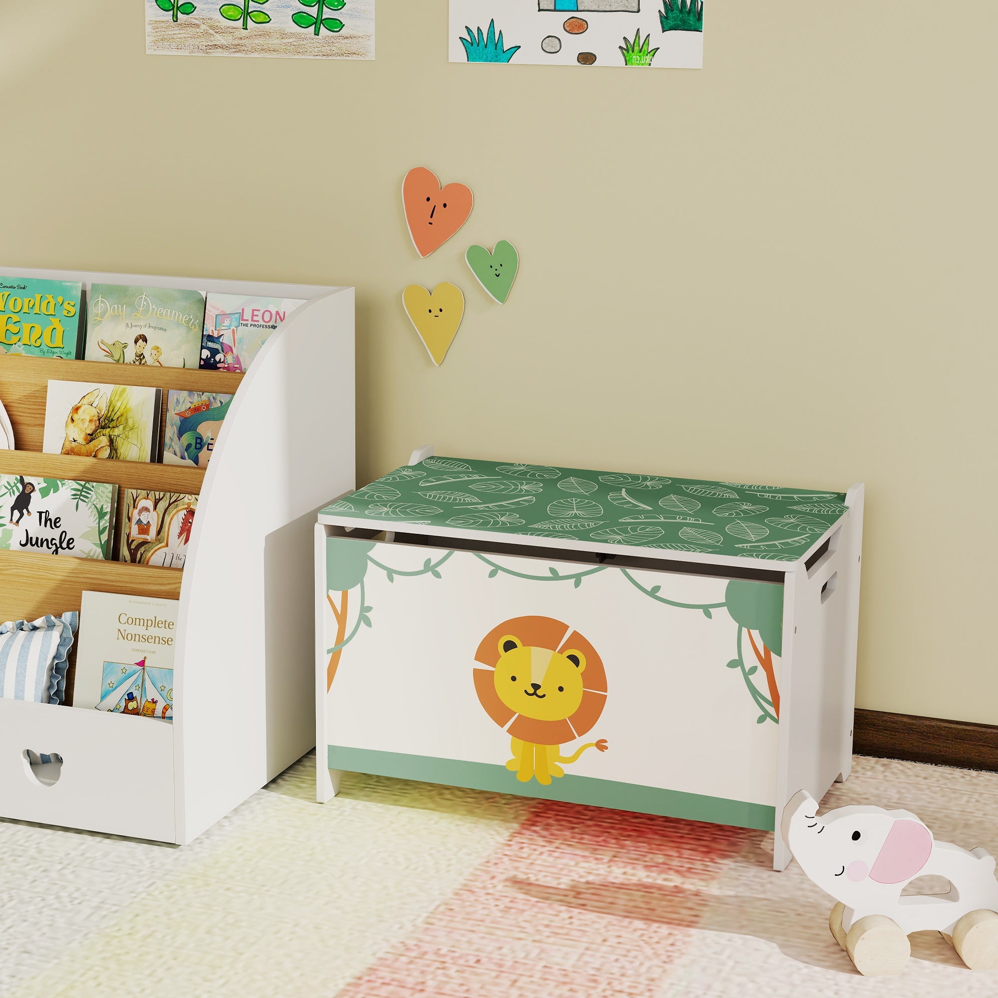 AIYAPLAY Toy Box with Lid, Safety Hinges and Groove Handles, Toy Storage organiser for Kids, Living Room, Playroom, Green