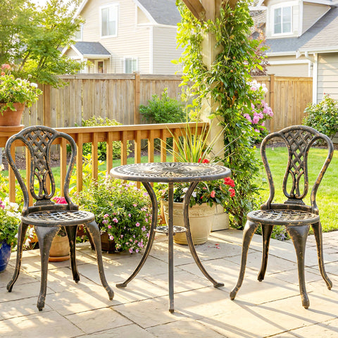 Outsunny Outdoor Bistro Set for 2 Cast Aluminium Patio Furniture with Round Table Umbrella Hole Brown