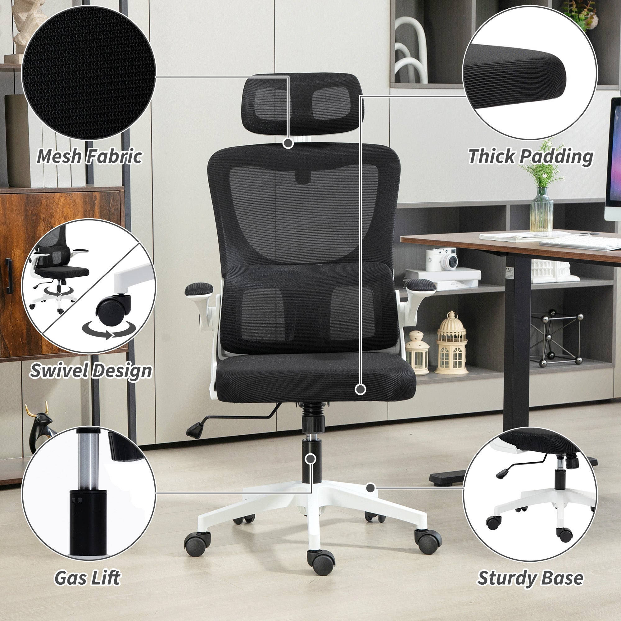 Vinsetto Ergonomic Office Chair, High Back Mesh Computer Desk Chair with Adjustable Headrest and Lumbar Support, Rotatable Armrests, Tilt Function for Home Office, Black