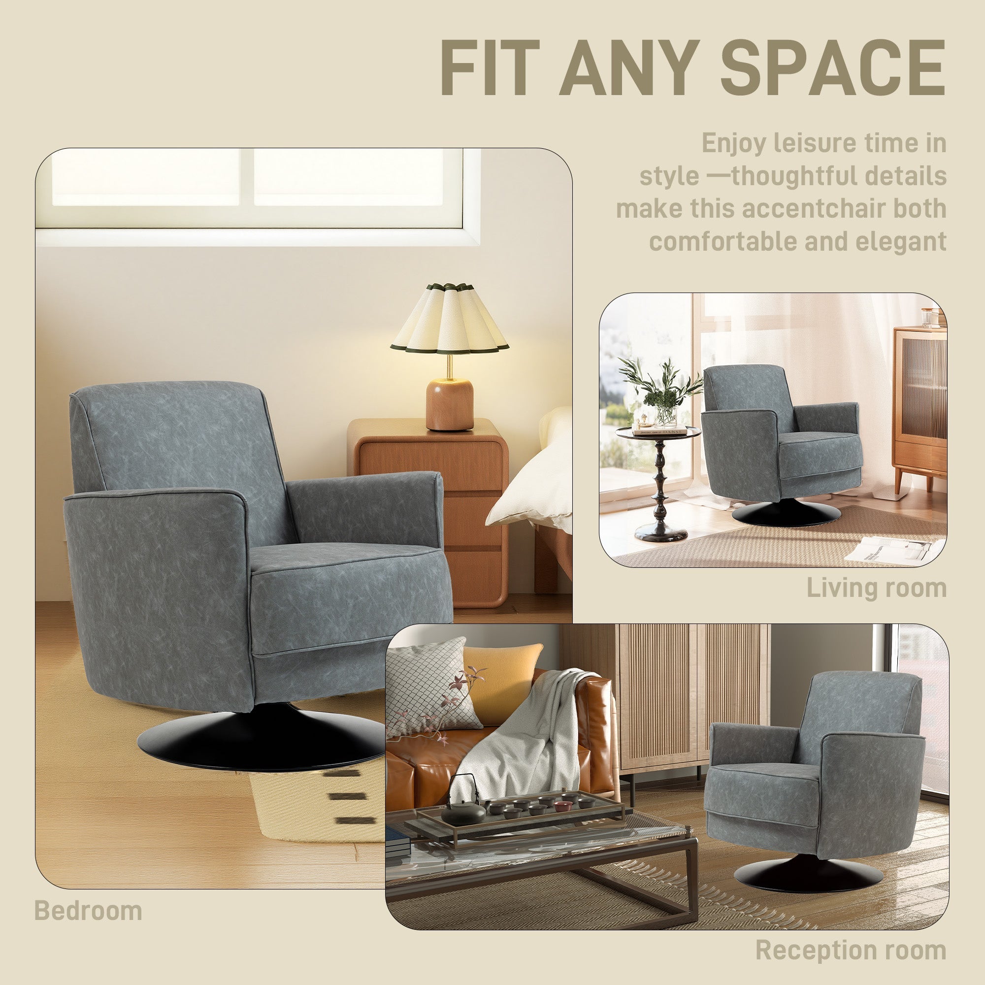 HOMCOM Upholstered Swivel Accent Chair with Thick Padding, Grey