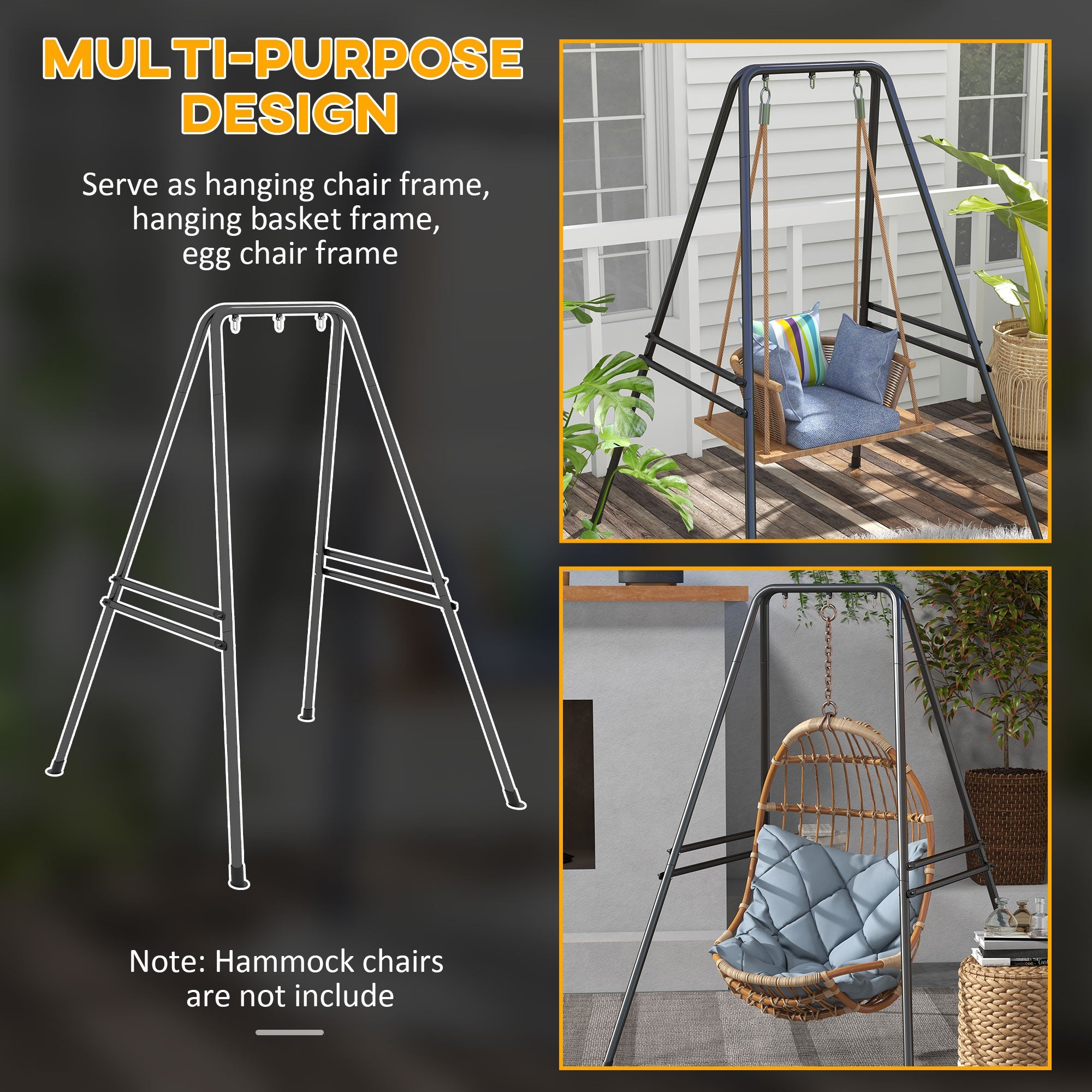 Outsunny Hammock Chair Stand, Hanging Heavy Duty Metal Frame Hammock Stand for Hanging Hammock Air Porch Swing Chair, Egg Chair, Black