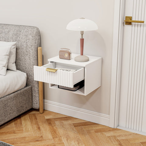 HOMCOM Floating Nightstands Set of 2, Modern Wall Mounted Bedside Tables with Fluted Drawer and Open Shelf for Bedroom, White