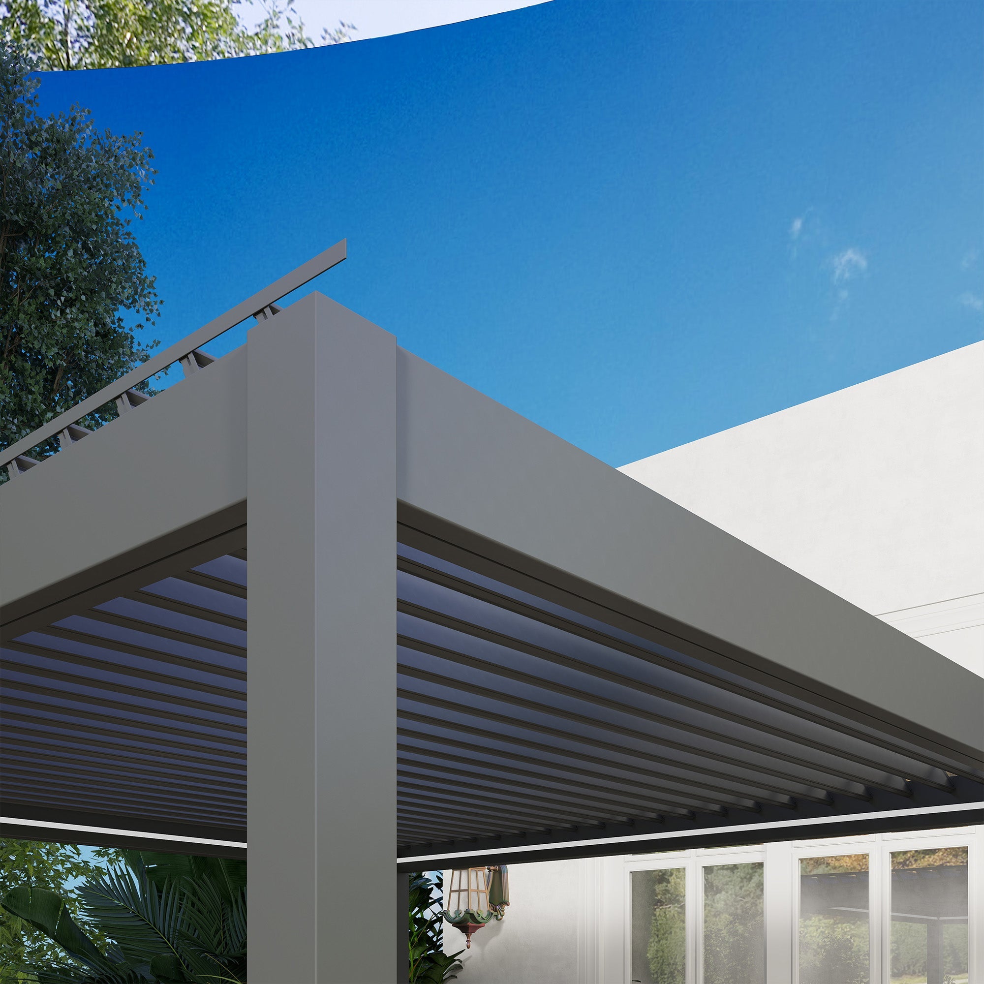 Outsunny 3 x 3(m) Electric Louvered Pergola with LED Lights, Aluminium Pergola Hardtop Gazebo with Remote, Adjustable Roof and Drainage System, Water and UV Proof