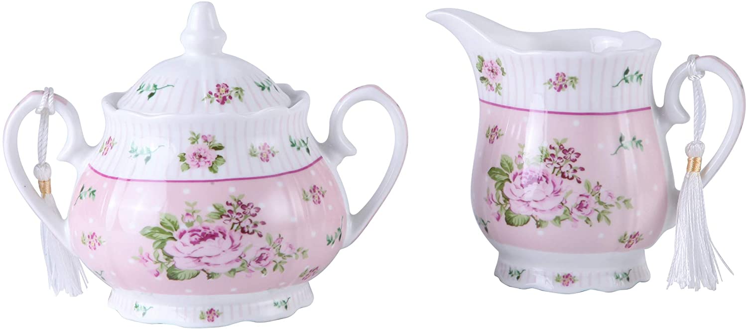 Porcelain Teapot Sets Teapot Sugar Bowl and Cream Milk Jug Shabby Chic Vintage Floral in Gift Box (Pink)