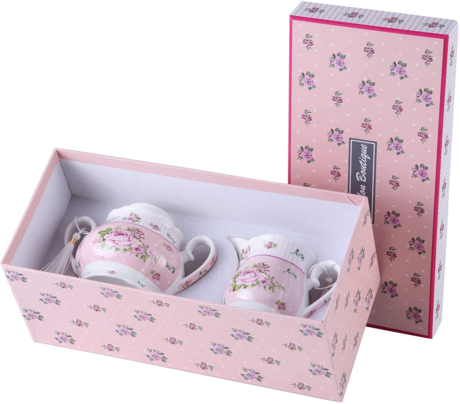 Porcelain Teapot Sets Teapot Sugar Bowl and Cream Milk Jug Shabby Chic Vintage Floral in Gift Box (Pink)
