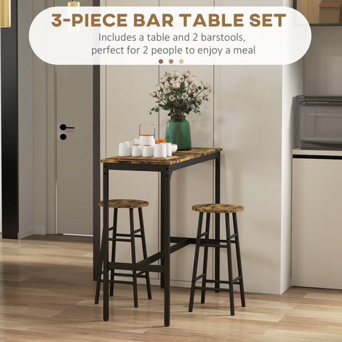 HOMCOM 3 Piece Bar Table Set with 2 Stools, Industrial Bar Table and Stool Set, Dining Table and Chair Set, Rustic Brown