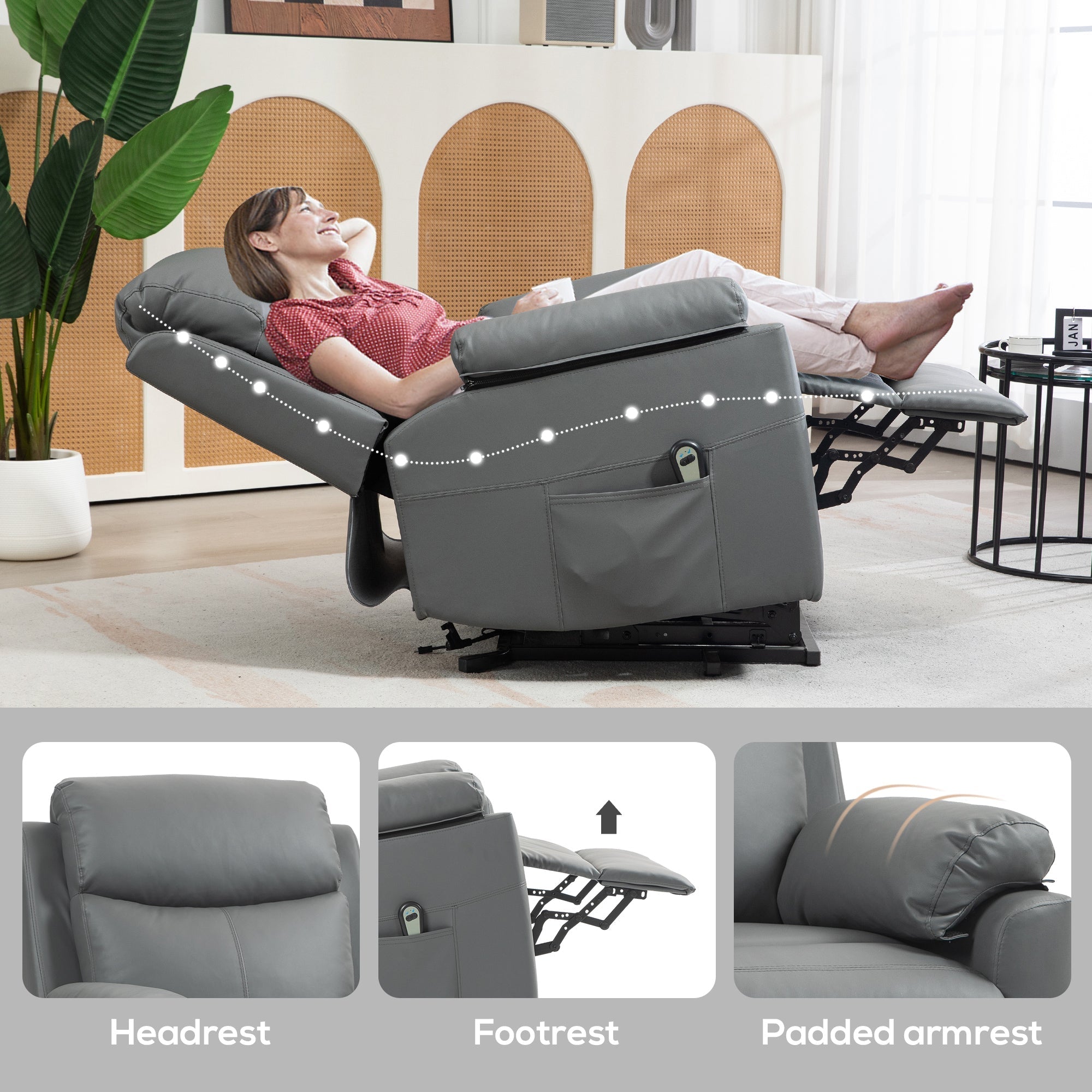 HOMCOM Faux Leather 70\'c2\'b0 Electric Riser Recliner Chair, Charcoal Grey