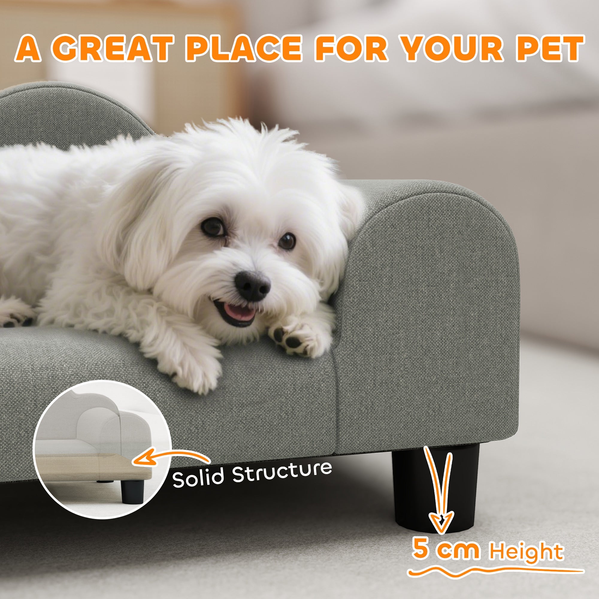 PawHut Elevated Dog Sofa Bed, Breathable Pet Sofa with Backrest and Armrest for Small Dogs, Grey