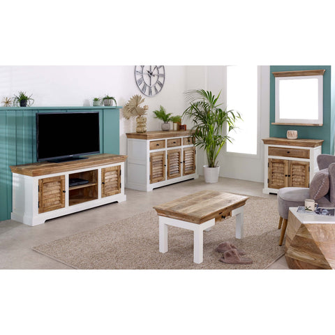 Bianco Solid Mango Wood White Coffee Table With Drawer
