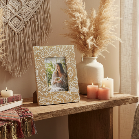 Large White Buddha Mango Wood Photo Frame 13x18cm