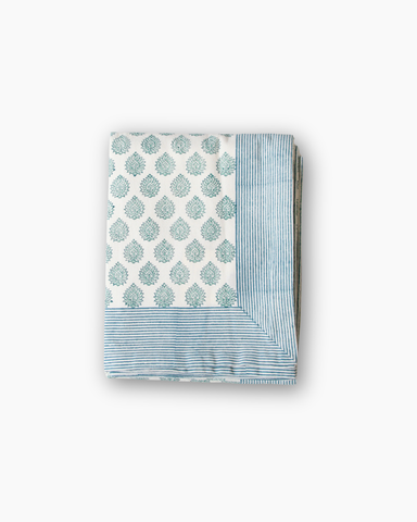 Green Blue Lotus Hand Block Printed Cotton Tablecloth