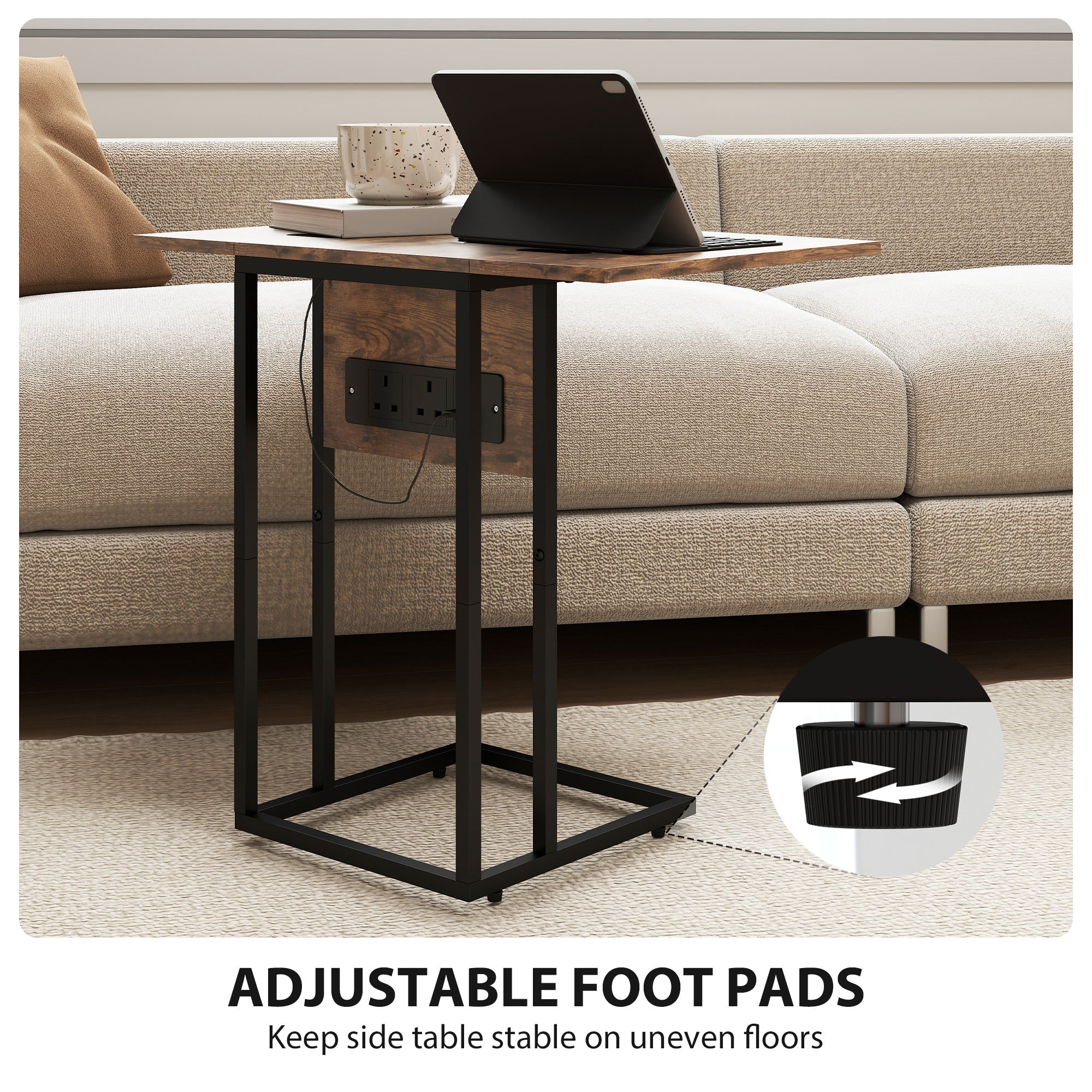 HOMCOM C Shaped Side Table with Charging Station and Foldable Top - Rustic Brown
