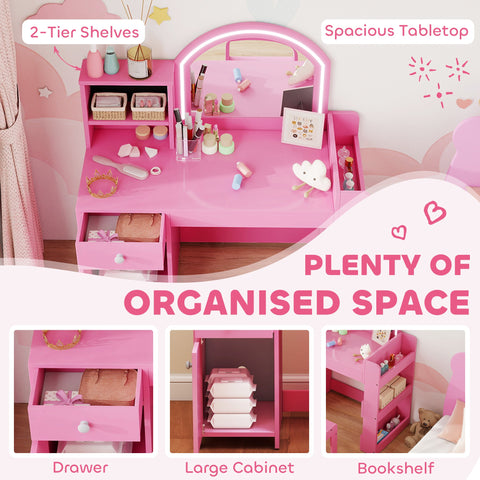AIYAPLAY Kids Vanity Table and Chair Set, Girls Dressing Table with 2-Colour LED Mirror, Stool, Cabinet, Drawer, Shelves, Pink
