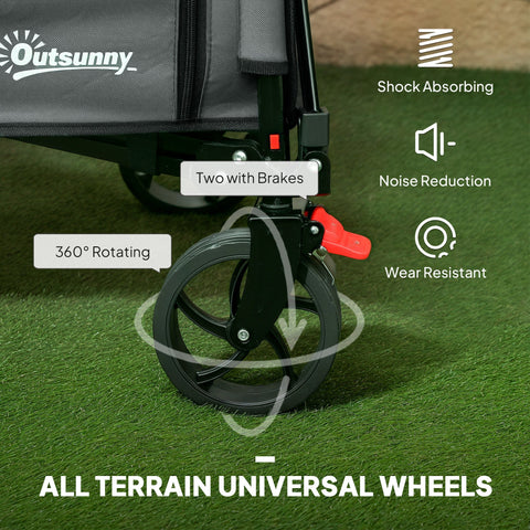 Outsunny Folding Trolley on Wheels, 150L Collapsible Wagon Festival Trolley Cart with Openable Sides, Adjustable Handle and Brakes for Shopping Camping Beach and Garden, Grey