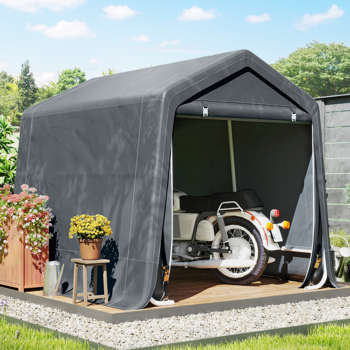 Outsunny 8 x 6.5 ft Outdoor Garden Storage Shed, Waterproof Bike Tent w/ Double Roll-up Zipper Door for Garden Tools, Dark Grey