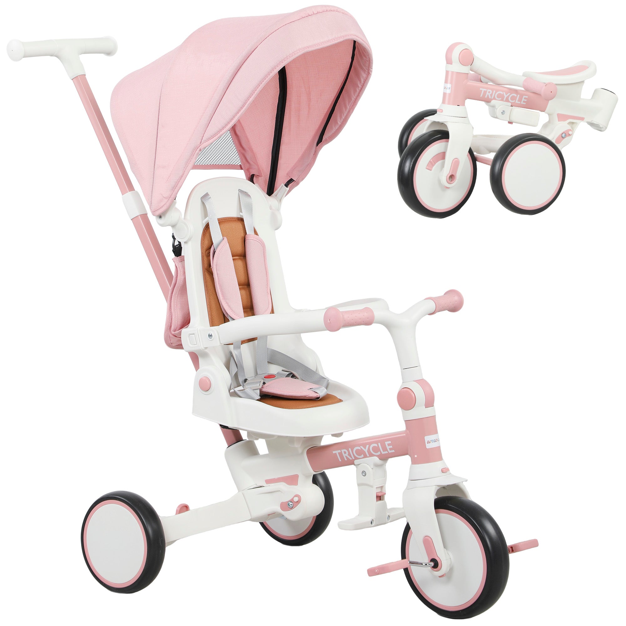 AIYAPLAY 5 in 1 Kids Trike with Adjustable Backrest, Toddler Tricycle with Push Handlebar, Adjustable Backrest, Pink