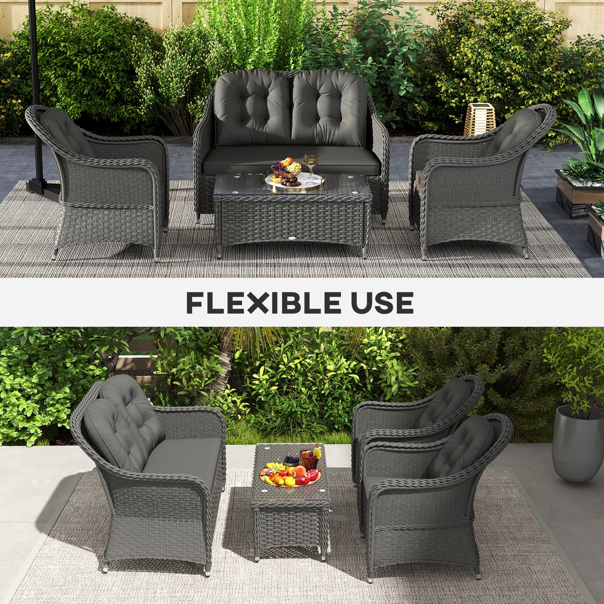 Outsunny Four-Piece Rattan Sofa Set, with Glass-Top Table - Light Grey