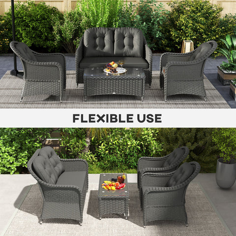 Outsunny Four-Piece Rattan Sofa Set, with Glass-Top Table - Light Grey