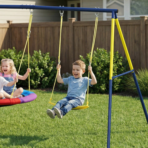 AIYAPLAY Kids Swing Set with Double Swings, Outdoor Playset with Adjustable Ropes, Metal Frame for Ages 3-8, 150kg Capacity