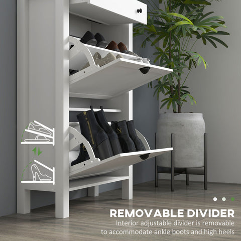 HOMCOM Narrow Shoe Cabinet with 2 Flip Drawers and Adjustable Shelves, White