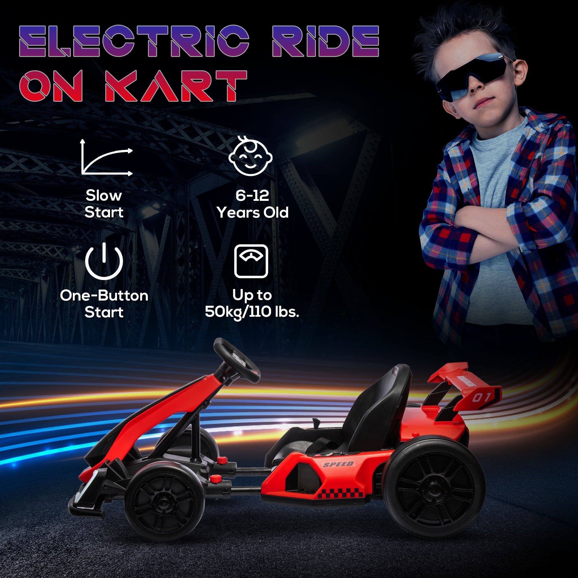 HOMCOM 24V Electric Go Kart for Kids with Adjustable Seat for 6-12 Years, Red