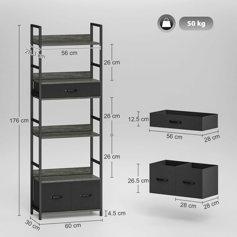 HOMCOM Industrial Style Bookcase, with 4 Shelves and 3 Fabric Drawers - Grey/Black