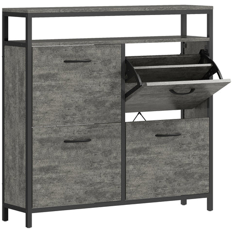 HOMCOM Shoe Storage Cabinet with 4 Flip Drawers and Open Shelf - Cement Grey