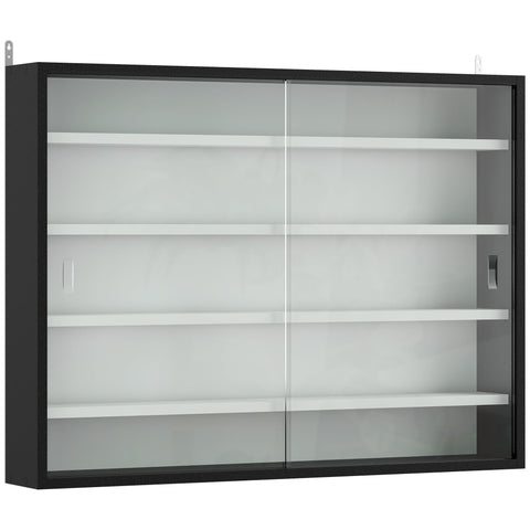 HOMCOM 5-Tier Wall Display Cabinet,  Wall Mounted Display Case w/ 4 Adjustable Shelves, Glass Doors, 60x80cm, Black and White