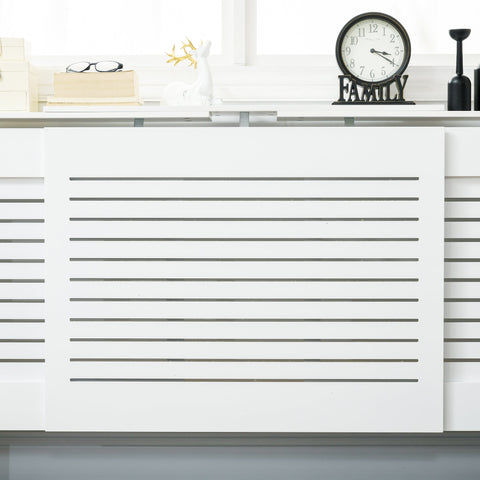 HOMCOM Set of 2 MDF Extendable Radiator Cover with Cabinet Shelving, Home Office Slatted Design, White 139-208.5L x 20.5W x 82.5H cm