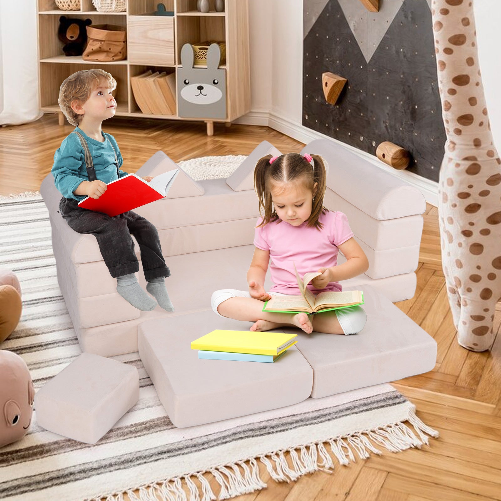 9-Piece Modular Kids Play Couch with Breathable Suede Fabric for Kids-Beige