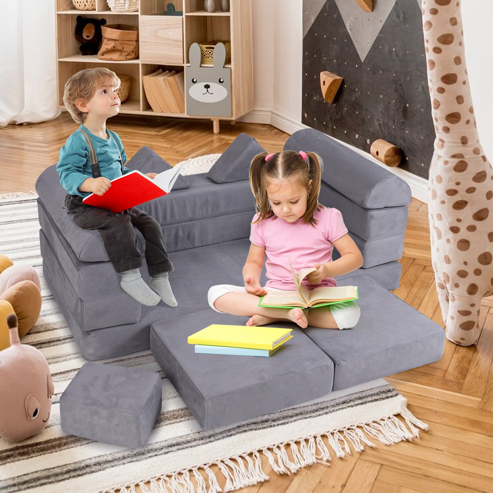 9-Piece Modular Kids Play Couch with Breathable Suede Fabric for Kids-Beige