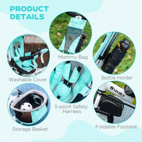 HOMCOM 6 in 1 Kids Trike with Parent Handle, Canopy, 5-point Safety Belt, Storage, Footrest, Brake, for 1-5 Years, Green