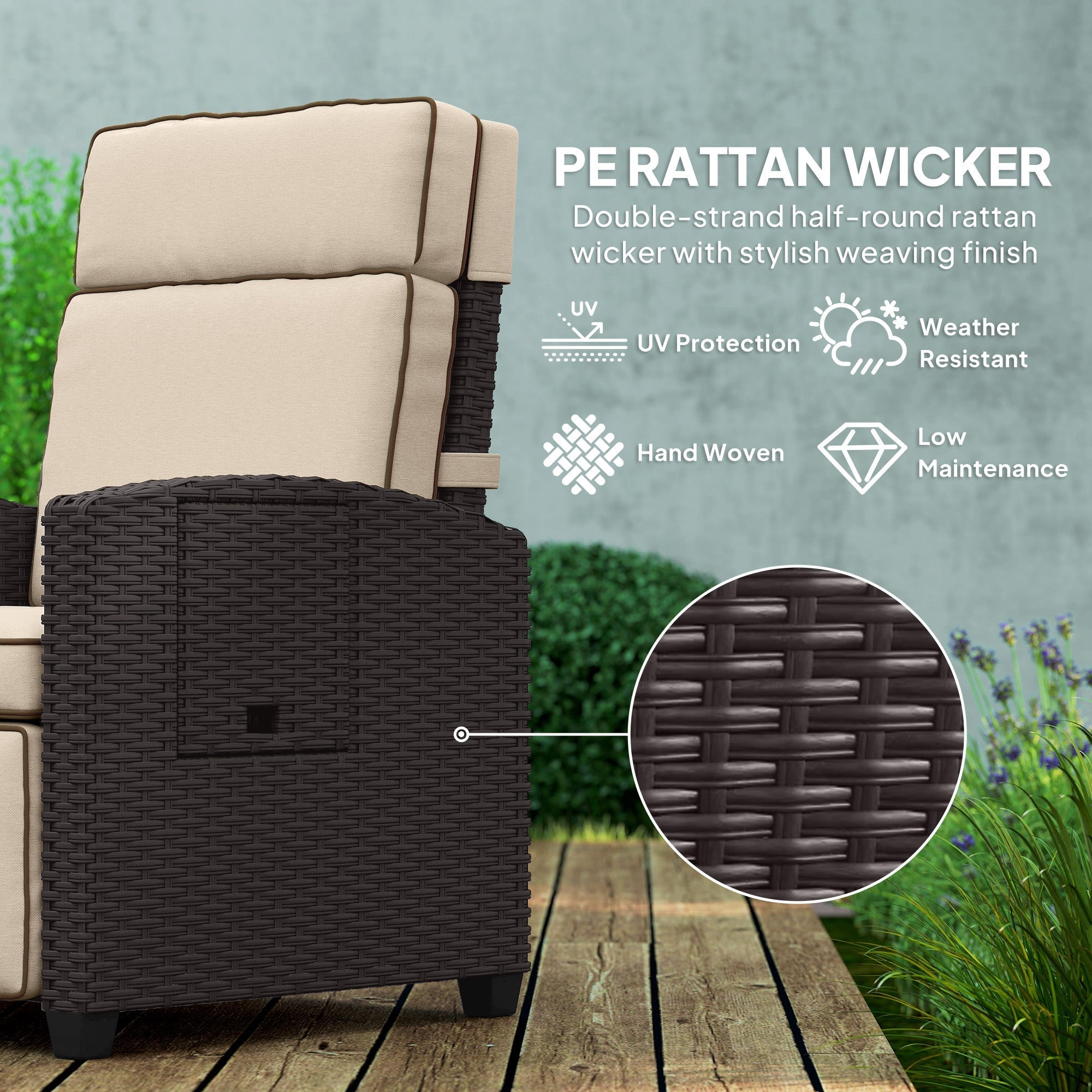 Outsunny Rattan Garden Recliner Chair, Adjustable Backrest Reclining Rattan Chair with Flip Table, Cushion and Footrest, Indoor Outdoor Lounge Reclining Sun Lounger for Patio, Dark Brown/Khaki