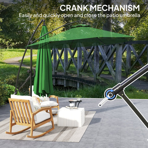 Outsunny 3(m) Garden Cantilever Parasol with Cover and Wind Protection Strap, Round Overhanging Umbrella with Crank Handle and Tilt, Banana Patio Umbrella for Outdoor Sun Shade, UPF50+, Green