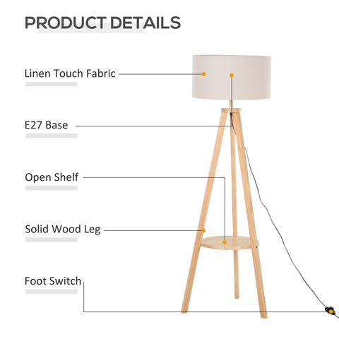 HOMCOM Free Standing Tripod Floor Lamp Bedside Light Reading Light with Storage Shelf Linen Shade for Living Room Bedroom, 154cm, Cream