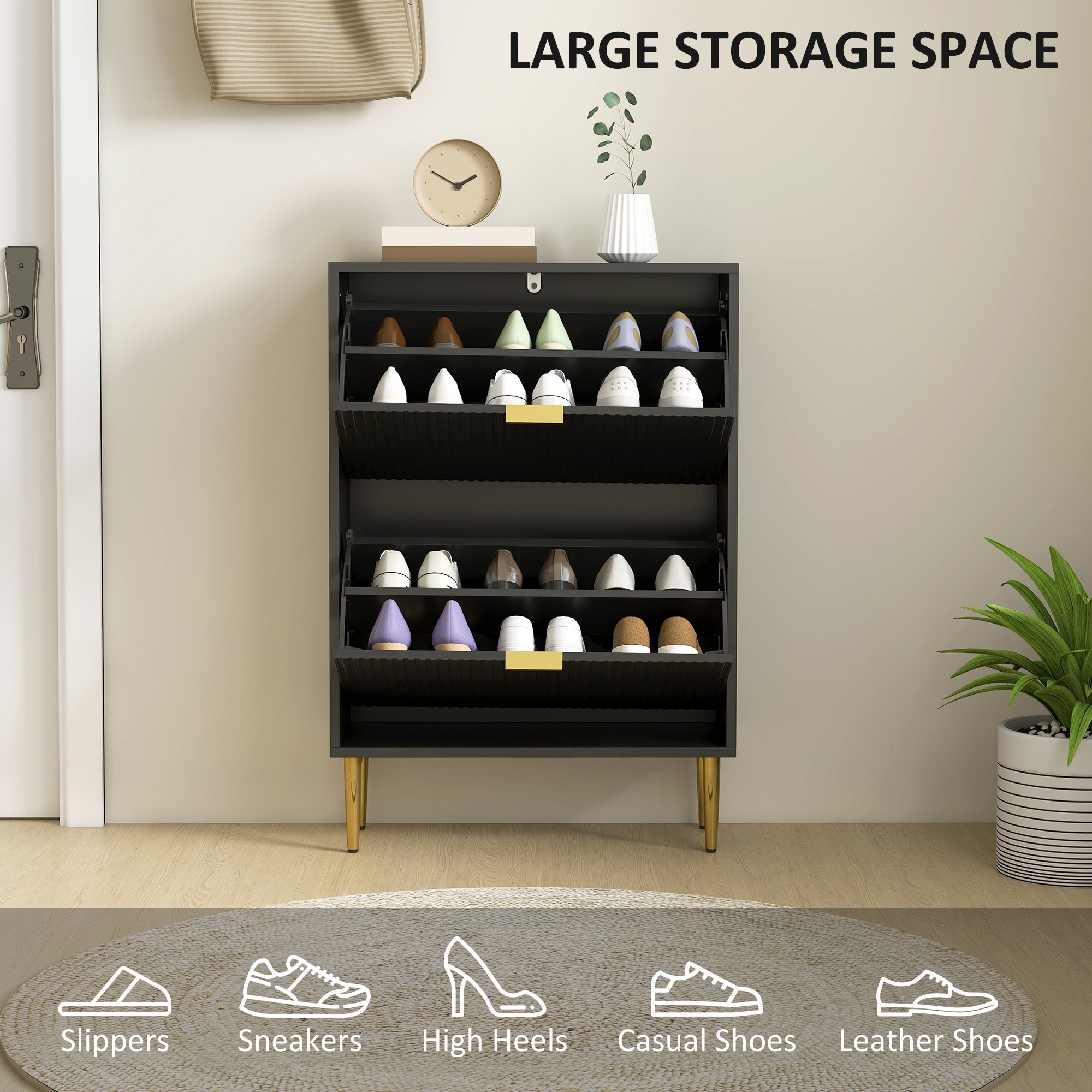 HOMCOM Narrow Shoe Cabinet with 2 Flip Drawers - Black