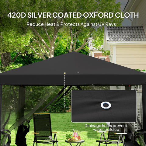 Outsunny 3 x 3\'c2\'a0m Pop Up Gazebo, 420D Garden Tent Canopy with Removable Mesh Sidewall Netting, Carry Bag for Garden Patio Outdoor, Black