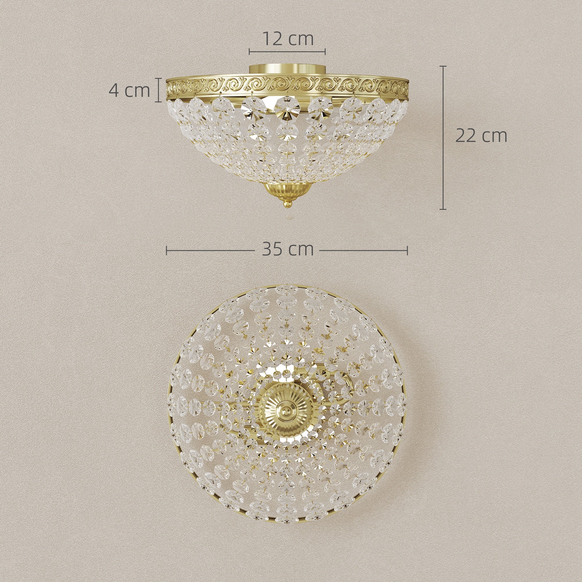 HOMCOM Crystal Chandelier Ceiling Light with 168 Octagonal Beads, Vintage 2-Light Flush Mount Ceiling Light for Living Room, Bedroom, Hallway, Dining Room, Gold Tone
