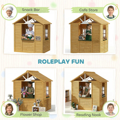 AIYAPLAY Outdoor Kids Playhouse, Wooden Wendy House with Door, 3 Windows, 2 Flower Boxes for Garden, Indoor Playroom