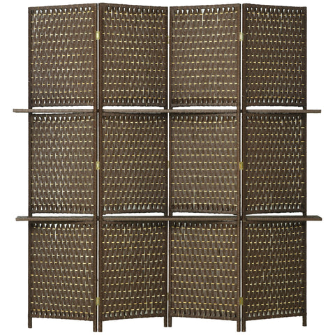 HOMCOM 4-Panel Room Dividers with Shelves, Wave Fibre Freestanding Folding Privacy Screen Panels, Partition Wall Divider for Indoor Bedroom Office, 180\'c2\'a0cm, Brown