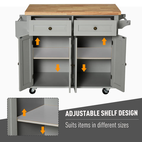 HOMCOM Rolling Kitchen Island Storage Trolley with Rubber Wood Top & Drawers for Dining Room, Grey